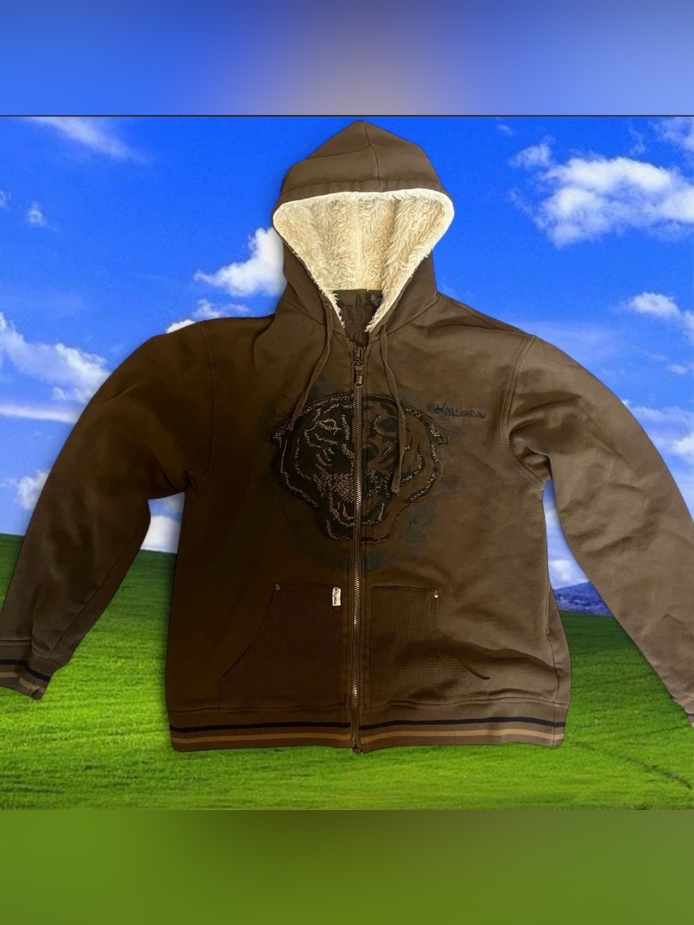 Vintage Y2K M.M. Brown Sherpa-Lined Graphic Zip Hoodie